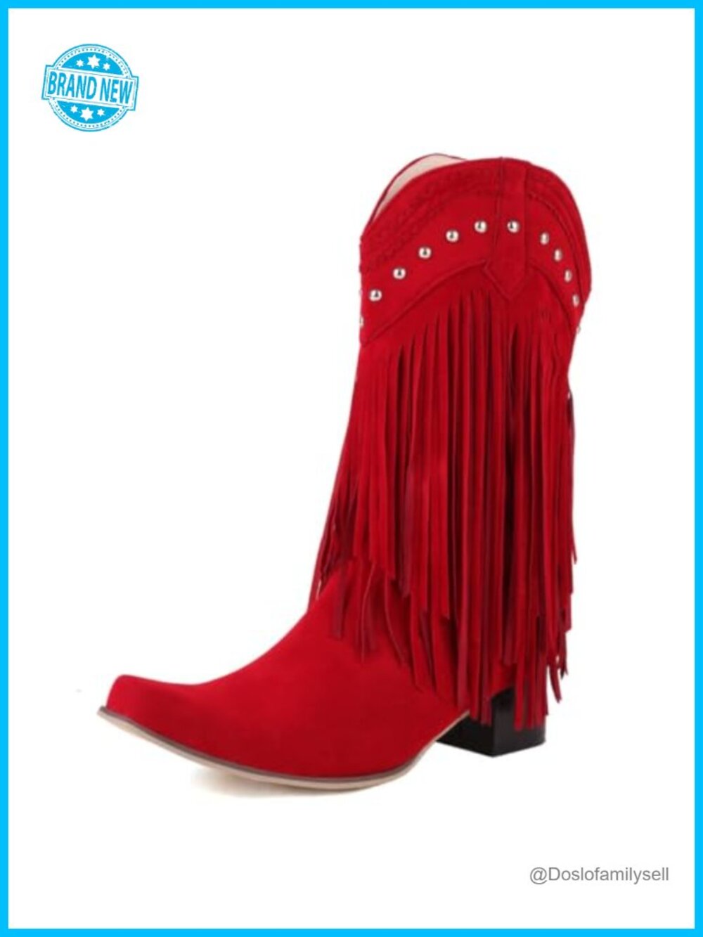 Mid Calf Fringe Boots Women Cowboy Pointed Toe Chunky Heels Western Tassel Boots